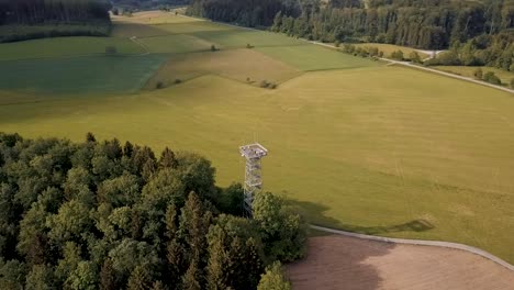 An-electrical-tower-stands-at-the-edge-of-a-forest-near-Lake-Constance-in-the-Alpine-foreland