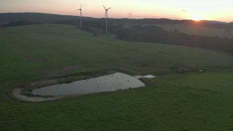 Wind-power-stations-with-man-made-pond-in-foreground