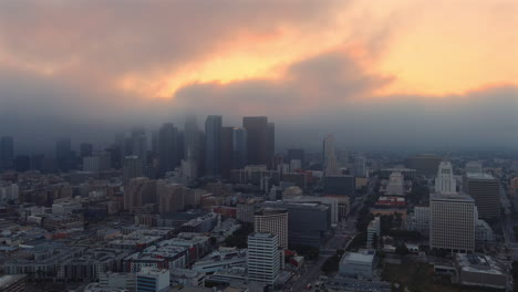 Panning-aerial-shot-of-sprawling-Los-Angeles-skyline-at-golden-hour