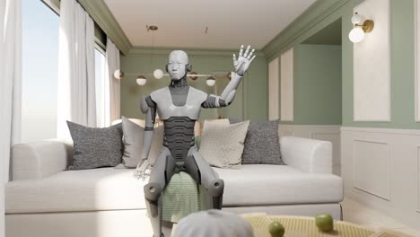 Der-Humanoide-Cyber-Roboter-Grüßt,-Während-Er-In-Einem-Modernen-Apartmentzimmer-Sitzt,-Ein-Prototyp-Künstlicher-Intelligenz,-Der-Die-Täglichen-Aufgaben-übernimmt