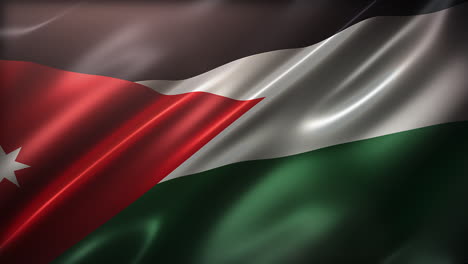 Vorderansicht-Der-Flagge-Jordaniens,-Im-Wind-Flatternd,-Aus-Der-Vogelperspektive,-Perspektivische-Ansicht,-Realistisch-Mit-Filmischem-Erscheinungsbild-Und-Eleganter,-Seidiger-Textur