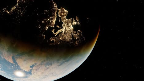 Vista-Del-Planeta-Tierra-Desde-El-Espacio,-Europa-Y-África,-Continente-Iluminado-Por-La-Noche-Cuando-El-Día-Se-Convierte-En-Noche,-Contaminación-Lumínica,-Concepto-De-Agenda-Eléctrica-2030.