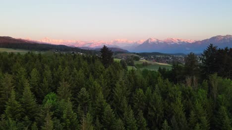 Aerial-of-forest-and-swiss-mountains-at-dusk