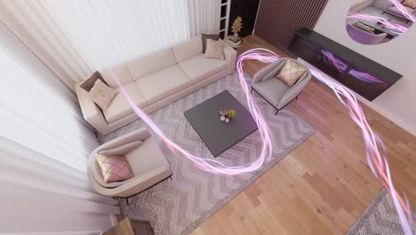 Leeres-Wohnzimmer-Mit-Energiefluss-In-Einer-Modernen-Wohnung,-3D-Rendering-Animation
