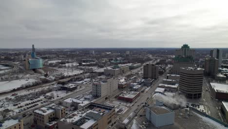 Downtown-Winnipeg,-Manitoba-skyline-in-the-winter,-4K-drone-shot