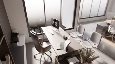 3D-Rendering-Animation-Eines-Modernen-Büros-Mit-Laptop-Und-Leerem-Desktop-Stuhl,-Treffen-Mit-Kunden-Und-Kollegen