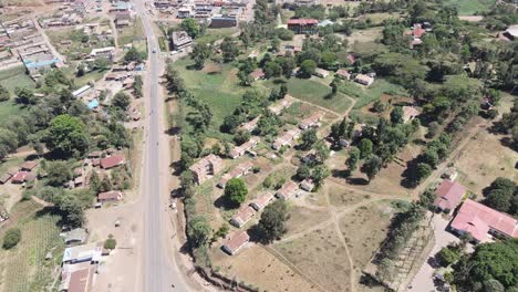 Urban-panorama-of-Masai-village-Loitokitok,-Southern-Kenya,-aerial