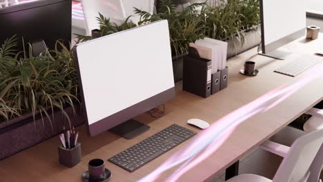 Moderner-Büro-Laptop-Desktop-Mit-Energiefluss-In-3D-Rendering-Animation,-Meeting,-Konferenz,-Unternehmen,-Co-Arbeitsraum