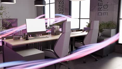 Moderner-Büro-Co-Arbeitsbereich-Mit-Laptop--Und-Desktop-Teambesprechung,-Konferenzenergie,-Die-In-Der-3D-Rendering-Animation-Fließt