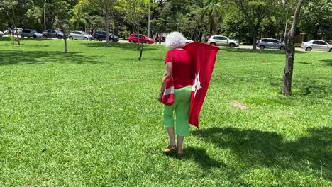 Mujer-Portando-Bandera-Para-Mostrar-Lealtad-Al-Presidente-Luiz-Inácio-Lula-Da-Silva.