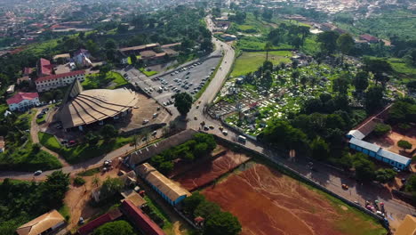 Aerial-view-around-the-Basilica-of-Mary-Queen-of-Apostles,-in-sunny-Yaounde,-Cameroon