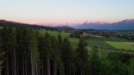 Luftaufnahme-Von-Wald-Und-Schweizer-Bergen-In-Der-Abenddämmerung