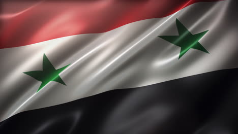 Bandera-De-La-República-Árabe-Siria-Ondeando-Al-Viento,-Vista-En-Perspectiva,-ángulo-Alto-Con-Una-Apariencia-Cinematográfica,-Elegante-Textura-Sedosa