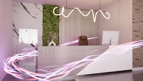 energy-flow-3d-rendering-animation-inside-a-desktop-office-reception-with-laptop-in-spa-luxury-resort-hotel-hostel