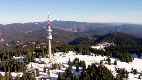 Aerial-view-of-tower-at-Snezhanka-peak-near-Pamporovo-Bulgaria