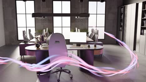 Moderner-Büro-Laptop-Desktop-Mit-Energiefluss-In-3D-Rendering,-Animation,-Meeting,-Konferenz,-Unternehmen,-Co-Arbeitsraum,-Team-Von-Unternehmern