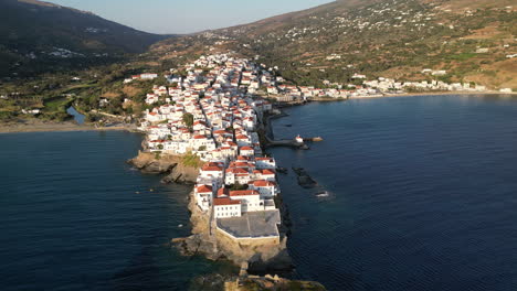 Aerial-view-video-of-iconic-Andros-island-chora,-Cyclades,-Greece