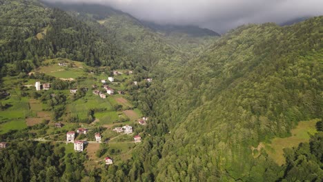 Vista-De-Drones-De-Bosques-Y-Pueblos-En-Las-Altas-Montañas-Del-Mar-Negro,-Cielo-Nublado