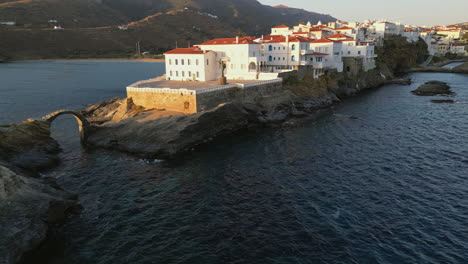 Aerial-view-video-of-beautiful-Andros-island-chora,-Cyclades,-Greece