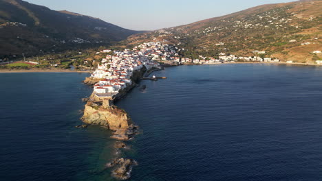 Aerial-view-video-of-iconic-Andros-island-chora,-Cyclades,-Greece