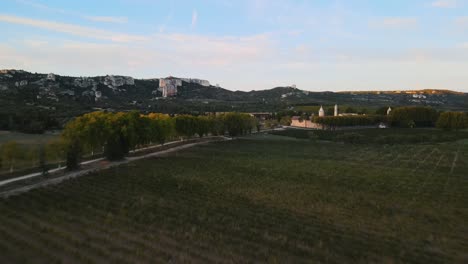 Drone-view-of-sprawling-vineyard,-estate,-and-winery-in-Provence,-France