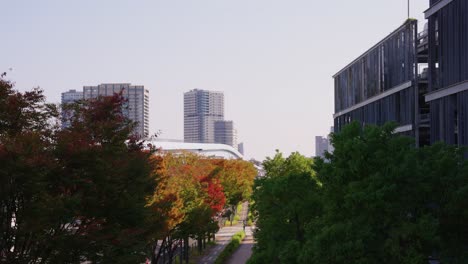 Monorraíl-De-Toyosu-Y-Zona-De-Parque-Urbano-En-Tokio,-Japón
