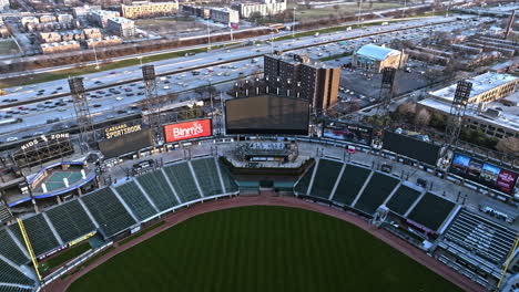 Drone-shot-tilting-over-the-Guaranteed-Rate-Field,-sunny-day-in-Chicago,-USA