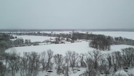 Aerial-establishing-overview-of-snow-covered-fields-behind-row-of-leafless-trees,-grey-cloudy-sky