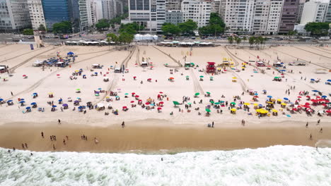 Aerial-view-of-sunbathers-and-beach-umbrellas-on-world-famous-Copacabana-beach