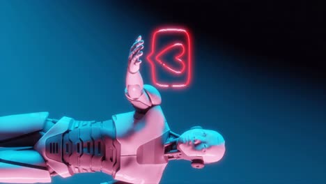 Kybernetisches-Mitgefühl:-Ein-Roboter,-Der-Ein-Neonfarbenes-Herz-Vertikal-Präsentiert