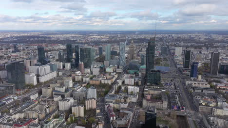 Wide-circling-aerial-shot-of-modern-Warsaw-looking-towards-the-city-centre