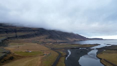 Aerial-flying-over-Gullfoss-region-on-very-cloudy-day,-Iceland