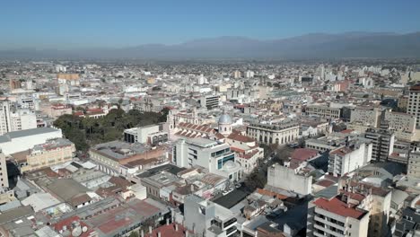 Aerial-flying-over-Salta-heading-towards-the-Cathedral,-Argentina