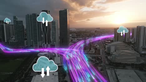 Schnelle-Internetverbindung-In-Smart-City,-Moderne-Antenne,-Sonnenuntergang,-Skyline,-Netzwerk,-Kommunikation,-Futuristische-Technologie