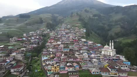 Aerial-view-of-rows-of-houses-in-Nepal-van-java-which-is-a-tourist-village-on-the-slopes-of-Mount-Sumbing,-Magelang,-Central-Java