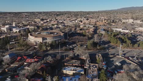 New-Mexico-State-capitol-building-in-Santa-Fe,-New-Mexico-with-drone-video-pulling-back-in-a-circle