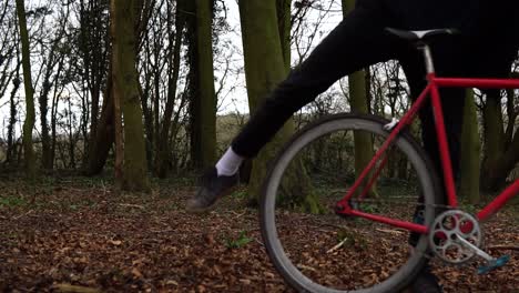 Man-stands-up-and-cycles-away-in-a-forest-on-a-red-bike