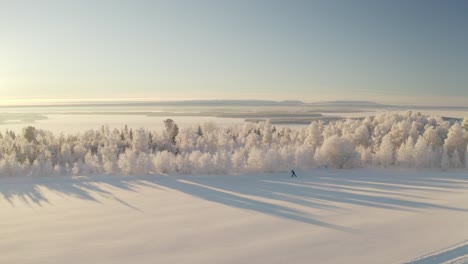 Imágenes-Amplias-De-Drones-De-Un-Esquiador-De-Fondo-En-Un-Mágico-Y-Helado-País-Invernal-En-El-Norte-De-Suecia