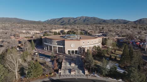 New-Mexico-State-capitol-building-in-Santa-Fe,-New-Mexico-with-drone-video-pulling-back
