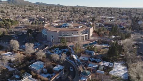 New-Mexico-State-capitol-building-in-Santa-Fe,-New-Mexico-with-drone-video-circling-wide-shot