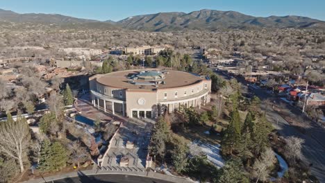 New-Mexico-State-capitol-building-in-Santa-Fe,-New-Mexico-with-drone-video-circling-left-to-right