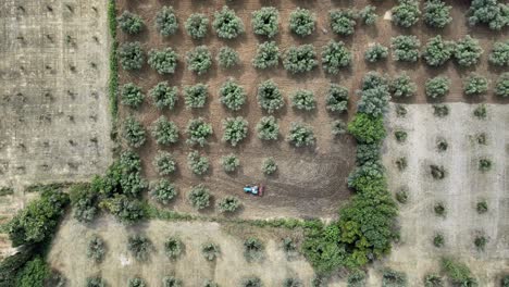 Rising-bird's-eye-view-of-a-tractor-harvesting-crops-in-a-patchwork-of-fields-in-Les-Beaux-de-Provence