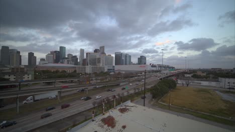 Wide-angle-drone-shot-of-the-downtown-Houston,-Texas-area