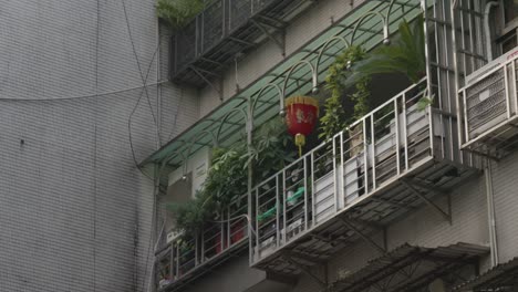 Closeup-cinematic-shot-of-typical-windows-with-green-plants-and-a-red-lantern-during-evening-in-Taiwan