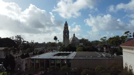Beautiful-Aerial-Ascend-Approaching-The-Historic-California-Landmark-Tower-In-Balboa-Park,-San-Diego