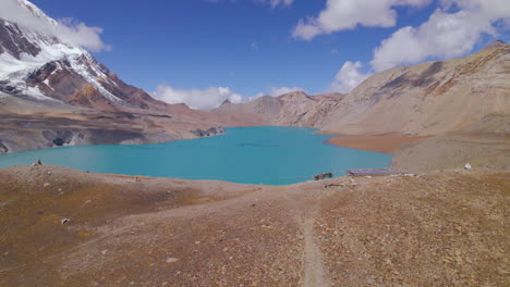 Annapurna-Circuit-Nepal-Tourism,-Nepal-Country-asset,-Landscape-drone-shot-World's-highest-altitude-Lake-blue-environment,-global-warming,-Mountains,-4K