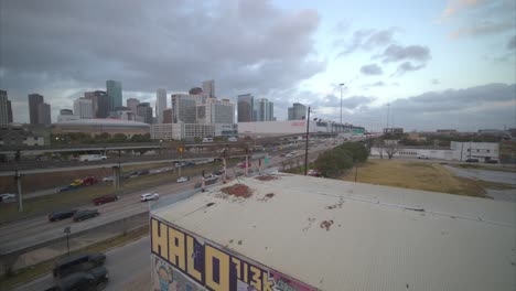 Wide-angle-aerial-shot-of-the-downtown-Houston,-Texas-area