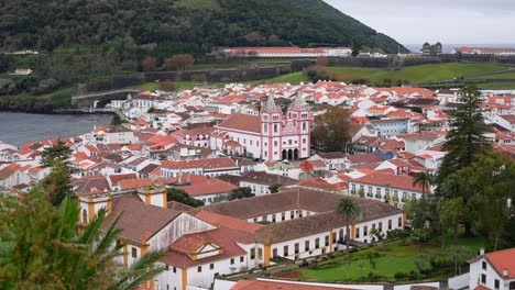 Pink-Cathedral-of-Angra-do-Heroismo-with-Monte-Brasil-in-background