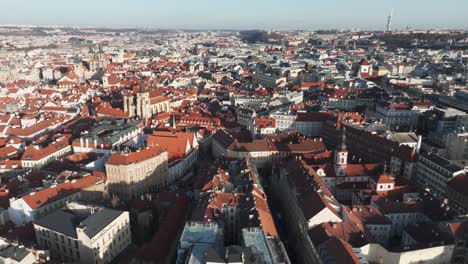Aerial-view-of-Prague-city-skyline-with-Old-Town-red-building-rooftops