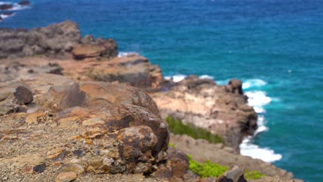 Rocky-cliffs-on-the-Mountain-of-Maui-with-Nakalele-Blowhole-exploding-on-rocks-in-the-background-with-pacific-ocean-in-Maui,-Hawaii,-United-States